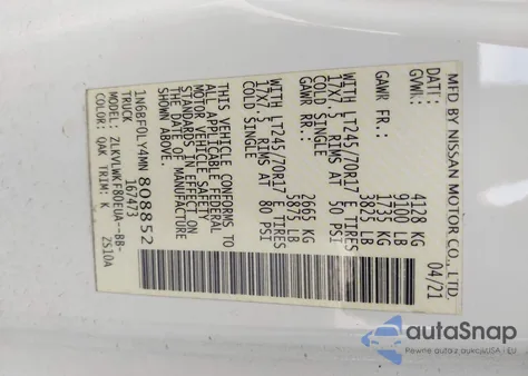 2021 Nissan Nv Cargo Nv2500 Hd S High Roof V6 from USA, damaged, VIN 1N6BF0LY4MN808852